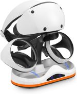 قاعدة شحن لجهاز بلاي ستيشن VR2 مع اضاءة RGB، قاعدة شحن عمودية، تدعم ملحقات عرض سماعات PSVR2 لبلاي ستيشن VR2، مع 4 محولات مغناطيسية من النوع C لوحدة التحكم سينس