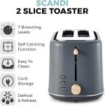 ⁦تاور محمصة خبز من قطعتين من سكاندي T20027G مع تحكم قابل للتعديل في التحميص و7 وظائف تحميص واعدادات الغاء واذابة الثلج واعادة التسخين، تصميم اسكندنافي انيق، 800 واط، لمسات خشبية رمادية⁩ - الصورة ⁦2⁩