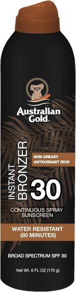 استراليان جولد بخاخ واقي من الشمس مع مستحضر تسمير فوري بعامل وقاية من اشعة الشمس بدرجة 30، يتوهج ويجف بسرعة ومقاوم للماء وغير دهني ولم يتم اختباره على الحيوانات، برونزر جديد، برتقالي، 6 اونصة