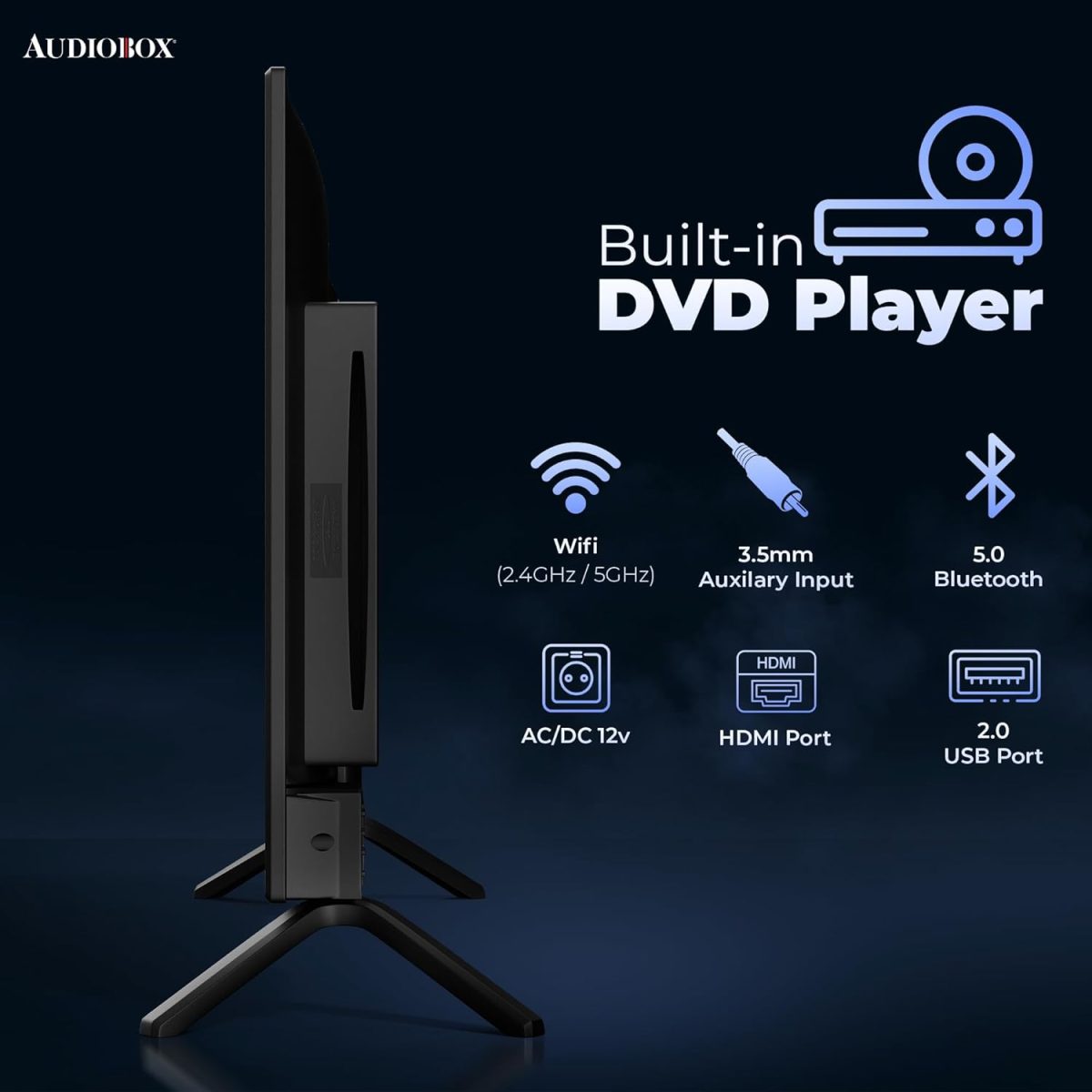 ⁦اوديو بوكس تلفزيون ذكي 32 بوصة مع مشغل دي في دي مدمج، جهاز تحكم عن بعد بلوتوث، LED HD، متوافق مع تيار متردد/تيار مستمر 12 فولت - مثالي لسيارات ار في والافلام والالعاب والسفر والترفيه المنزلي، منافذ⁩ - الصورة ⁦5⁩