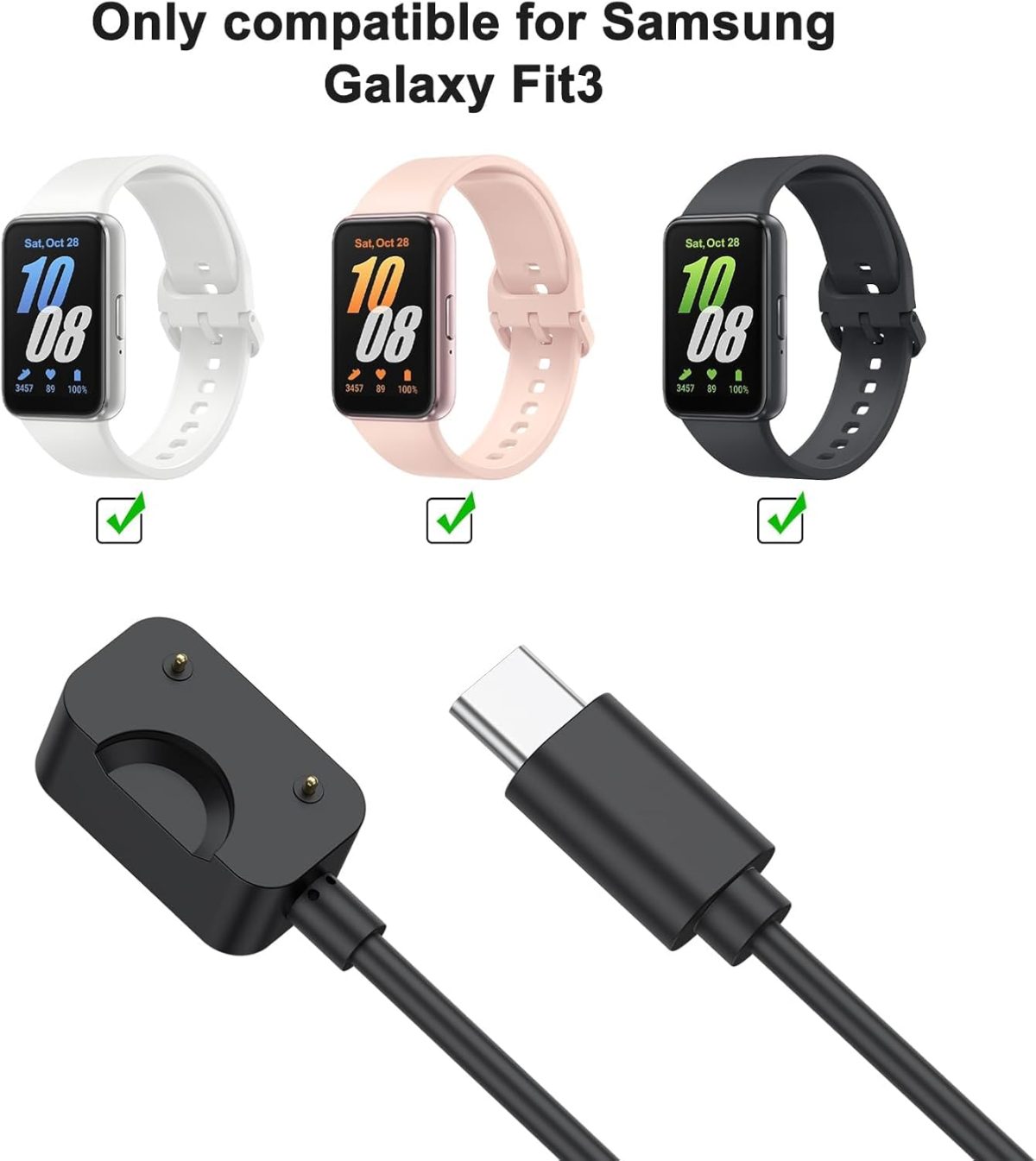 ⁦كيبل شحن مغناطيسي لسامسونج جالاكسي فيت 3، متوافق مع الساعات الذكية SM-R390، USB-A + USB-C، حامل كابل شحن مغناطيسي بطول 3.3 قدم، عبوة من قطعتين⁩ - الصورة ⁦3⁩