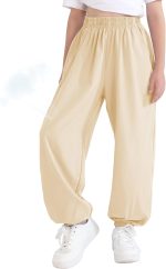 بنطلون رياضي فضفاض صيفي خفيف الوزن مع جيوب، بنطلون رياضي بارجل واسعة ضيقة من الاسفل للبنات، سروال رقص هيب هوب للبنات بعمر 3-14 سنة