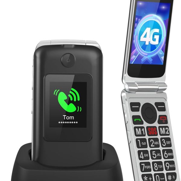 Tosaju 4G Elderly Portable No Contract Foldable Portable Simple Big Button Elderly Mobile Phone with Charging Station Emergency Call Button Dual SIM Card Free 1200Mah Battery