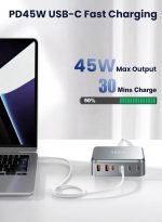 ⁦قاعدة شحن سريع 120 واط USB C من انفينو - محول طاقة شاحن حائط جان بـ6 منافذ (4 منافذ USB-C 45 واط/20 واط، 2 × USB-A 5 فولت 2.4 امبير) لايفون 16/15/14/13، جالكسي S25/S24 الترا، ايباد، ستيم ديك، المكتب⁩ - الصورة ⁦5⁩