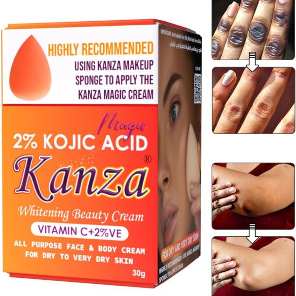 كنزا - كريم نيو ماجيك بيوتي للبشرة الجافة | كريم للوجه والجسم لجميع الاغراض مع اسفنجة توزيع | تبييض المفاصل الداكنة | كريم اساس واقي من الشمس | ظل تبييض فوري | 30 غرام