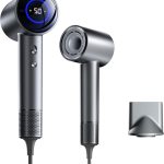 مجفف شعر ايوني ابيض من بي كيه بي دي، 200 مليون ايونات سالبة، مجفف شعر سريع الجفاف 110.000 دورة في الدقيقة مع هالة LED، فوهة مكثف، شاشة LED لعرض درجة الحرارة، 3 تسخين، 3 سرعات للسفر