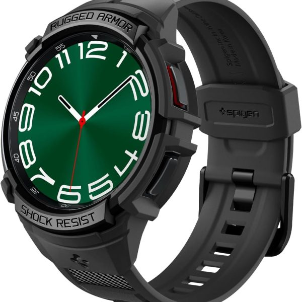 سبايجن جراب راجد ارمور برو مصمم لساعة سامسونج جالاكسي 6 كلاسيك 47 ملم مع سوار - سوار ساعة جالكسي متين مع حافظة واقية (2023) - اسود