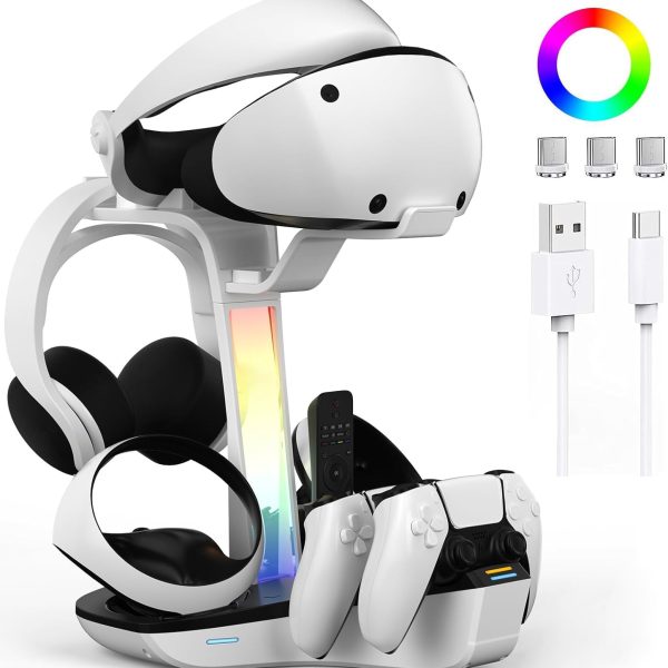 حامل قاعدة شحن لجهاز بلاي ستيشن 5 في ار 2، حامل شحن PSVR2، قاعدة شحن مغناطيسية لاجهزة تحكم PS5 VR2، حامل شحن عالي السرعة، مؤشر LED، حامل سماعات راس الواقع الافتراضي