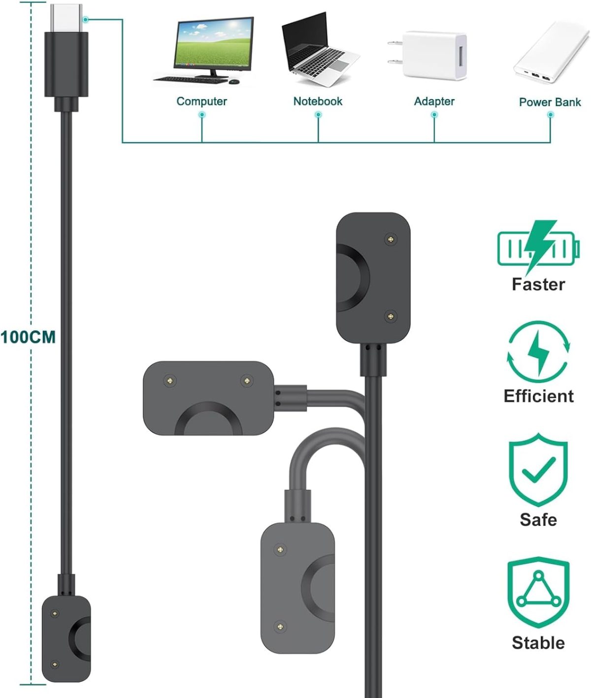 ⁦كيبل شحن مغناطيسي لسامسونج جالاكسي فيت 3، متوافق مع الساعات الذكية SM-R390، USB-A + USB-C، حامل كابل شحن مغناطيسي بطول 3.3 قدم، عبوة من قطعتين⁩ - الصورة ⁦8⁩