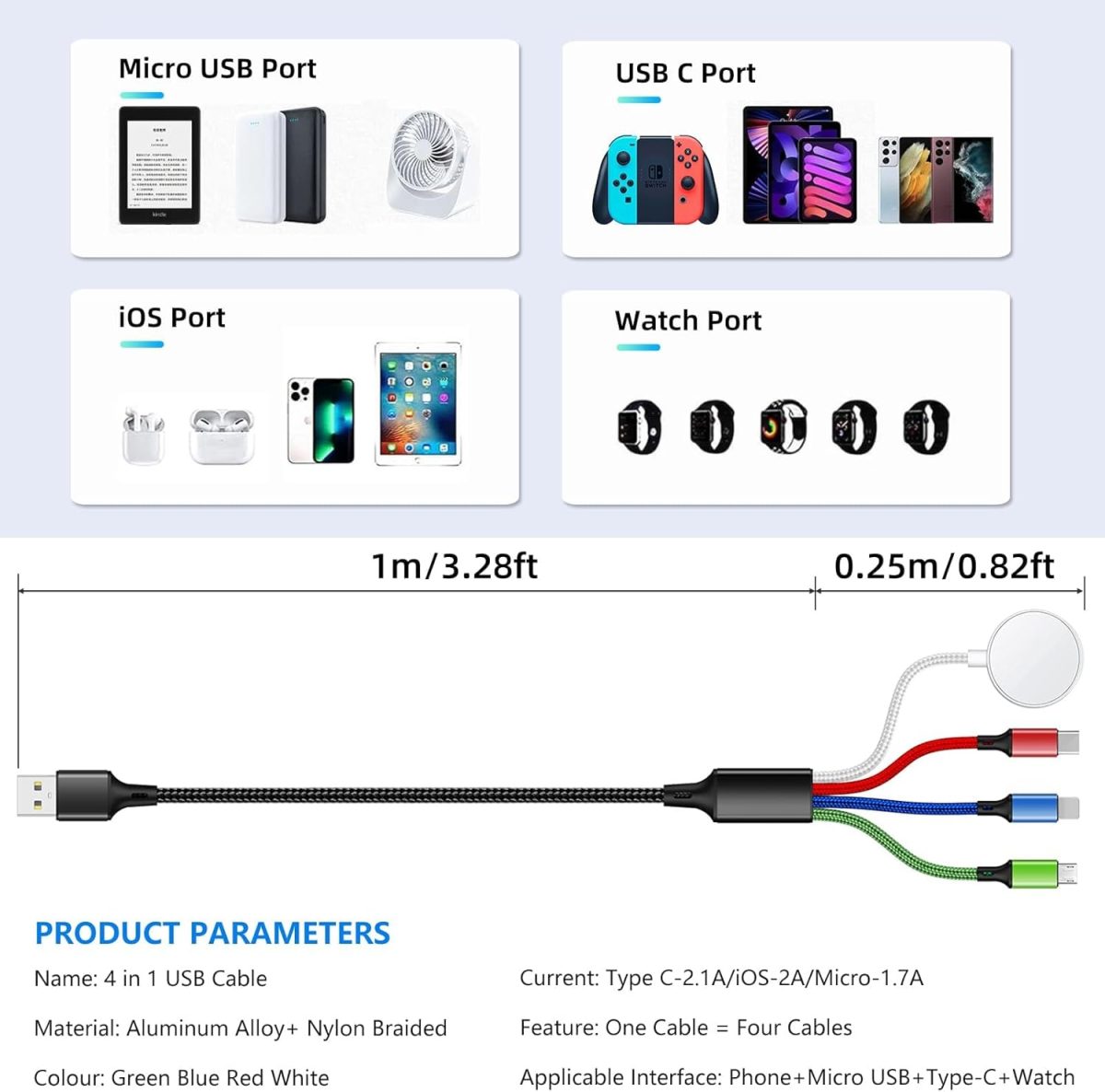 ⁦شاحن ترافل 4 في 1 لاجهزة اي ووتش وايفون، كيبل شحن متعدد مع USB-C وMicro USB وشاحن لاسلكي، متوافق مع ساعة ابل الترا/اس اي/9/8/7/6/5 وايفون 15/14/13 وجالكسي واندرويد⁩ - الصورة ⁦5⁩