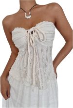 ⁦بلوزة نسائية من جورجليتر بتصميم بوهو صيفي بدون حمالات ورباط امامي⁩ - الصورة ⁦4⁩