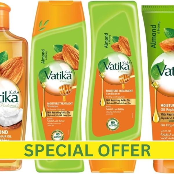 فاتيكا ناتشرالز زيت شعر غني باللوز + شامبو معالج للرطوبة + بلسم + بديل الزيت (4 × 200 مل) | للشعر الجاف المجعد | عبوة اقتصادية كاملة للعناية بالشعر