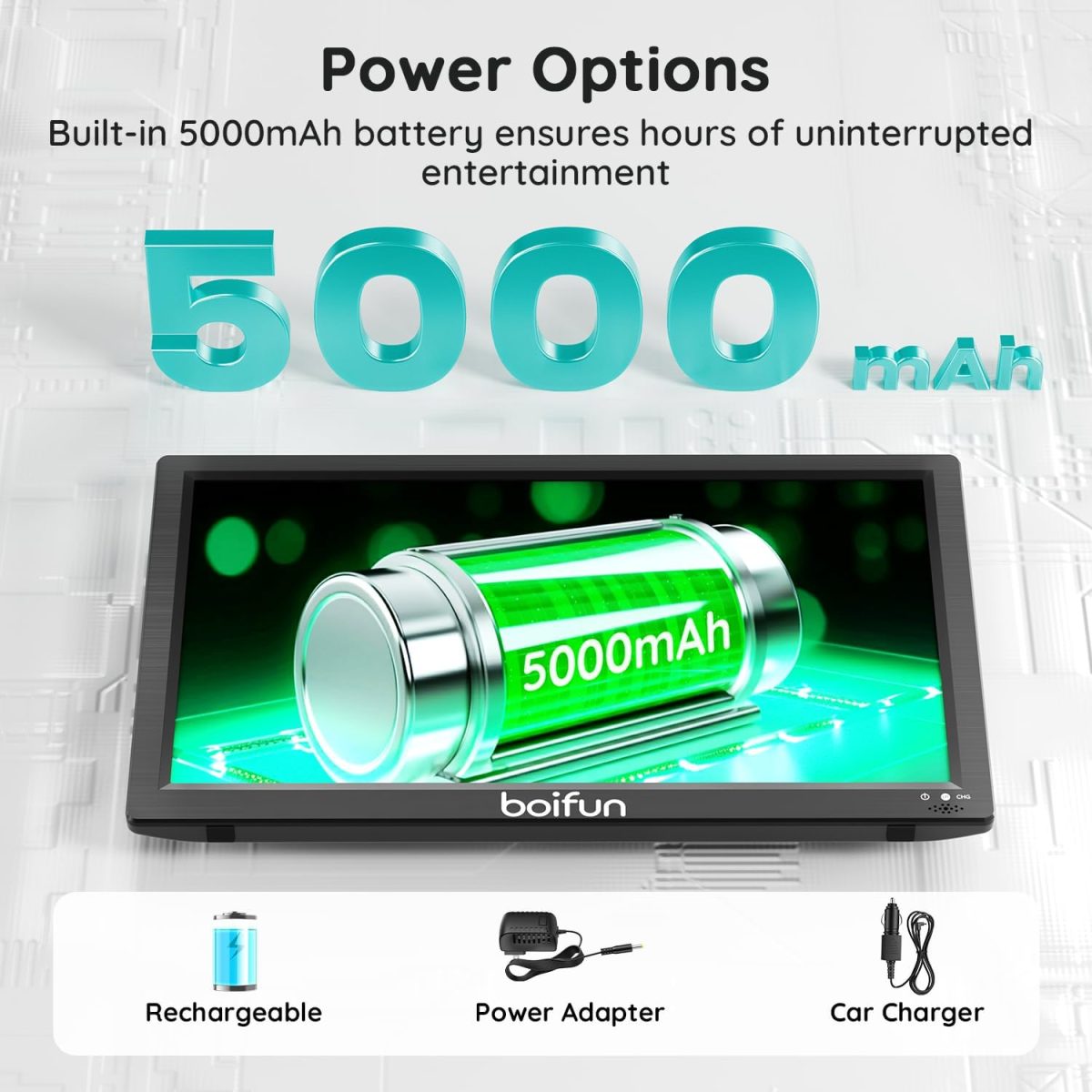 ⁦بويفون تلفزيون محمول 15.6 انش مع هوائي، مشغل دي في دي مدمج، بطارية 5000mAh، يدعم مدخل HDMI/USB/TF/AV وتنسيقات اقراص متعددة، مجموعة دي في دي صغيرة للتخييم والفناء والمطبخ ار في، اسود⁩ - الصورة ⁦6⁩
