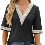 قمصان نسائية كاجوال 3/4 كم دانتيل برقبة على شكل حرف V، بلايز عصرية مجوفة مزينة بالزهور