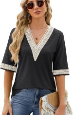 قمصان نسائية كاجوال 3/4 كم دانتيل برقبة على شكل حرف V، بلايز عصرية مجوفة مزينة بالزهور