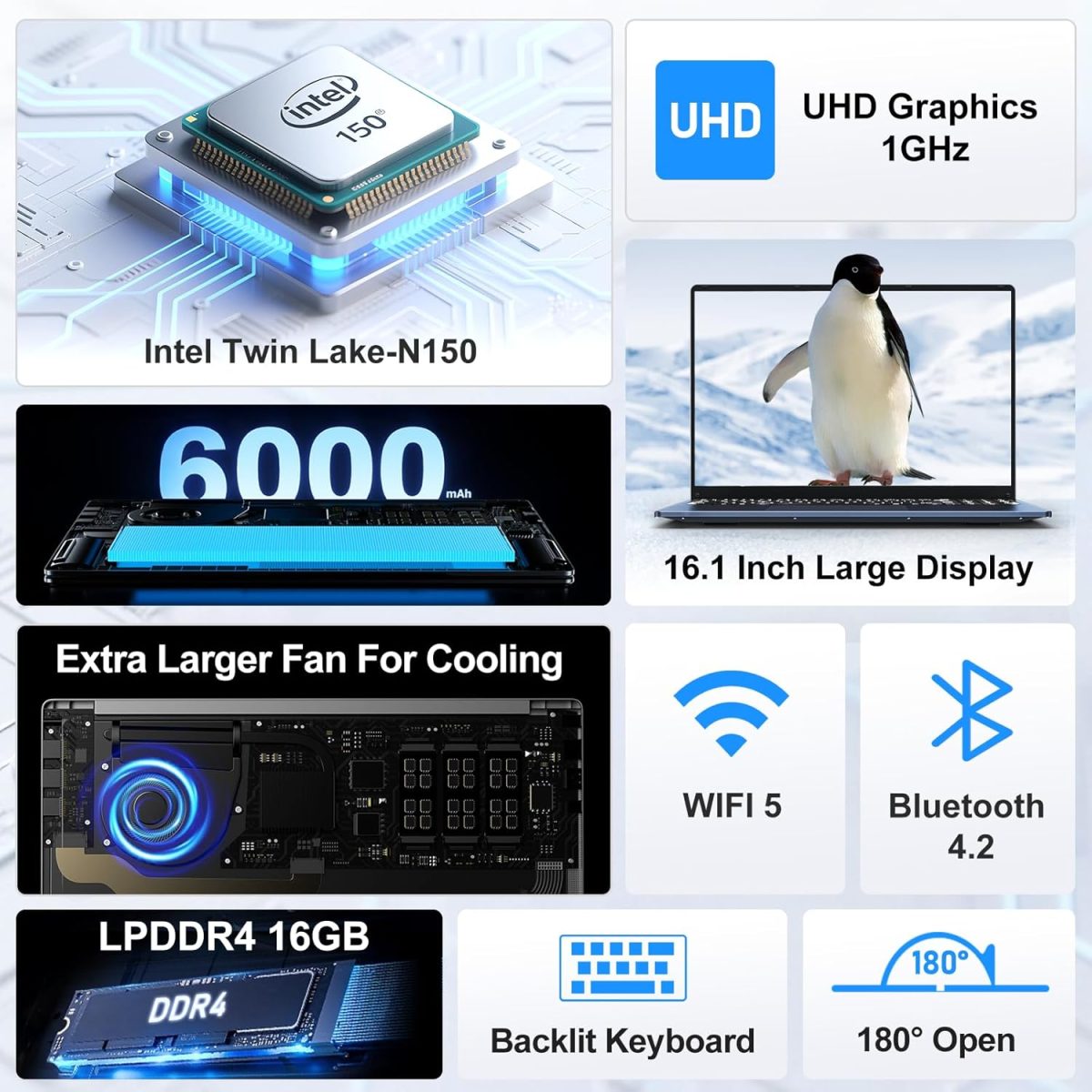 ⁦نياكون 16 انش 16GB RAM 512GB SSD | معالج N150 | FHD 1920 × 1200 | زاوية مفتوحة 180 | كيبورد باضاءة خلفية | ويندوز 11 برو | فتح بصمة الاصبع | رسومات UHD 750MHz⁩ - الصورة ⁦2⁩