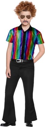 ⁦زي ديسكو للاولاد من السبعينيات - قميص باكمام قصيرة مزين بالترتر وقلادة ذهبية ونظارات شمسية غير تقليدية - زي حفلات رترو⁩ - الصورة ⁦2⁩