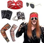 طقم زي تنكري من 6 قطع، اكسسوارات زي بانك للاولاد والبنات والكبار، سوار ووشاح للرأس واكمام واقية وقفازات ونظارات وفستان فاخر، ازياء روك ستار للنساء من روك اند رول