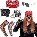 طقم زي تنكري من 6 قطع، اكسسوارات زي بانك للاولاد والبنات والكبار، سوار ووشاح للرأس واكمام واقية وقفازات ونظارات وفستان فاخر، ازياء روك ستار للنساء من روك اند رول