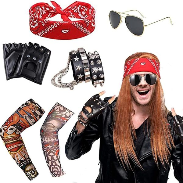 طقم زي تنكري من 6 قطع، اكسسوارات زي بانك للاولاد والبنات والكبار، سوار ووشاح للرأس واكمام واقية وقفازات ونظارات وفستان فاخر، ازياء روك ستار للنساء من روك اند رول