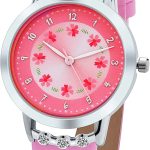 ساعات للبنات، ساعة معصم مرصعة بالالماس بتصميم زهور وسوار جلدي كوارتز لطيف مقاوم للماء للاطفال والبنات