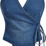 بلوزة جينز للنساء من جورجليتر بقبة V ورباط غير متماثل وبدون ظهر