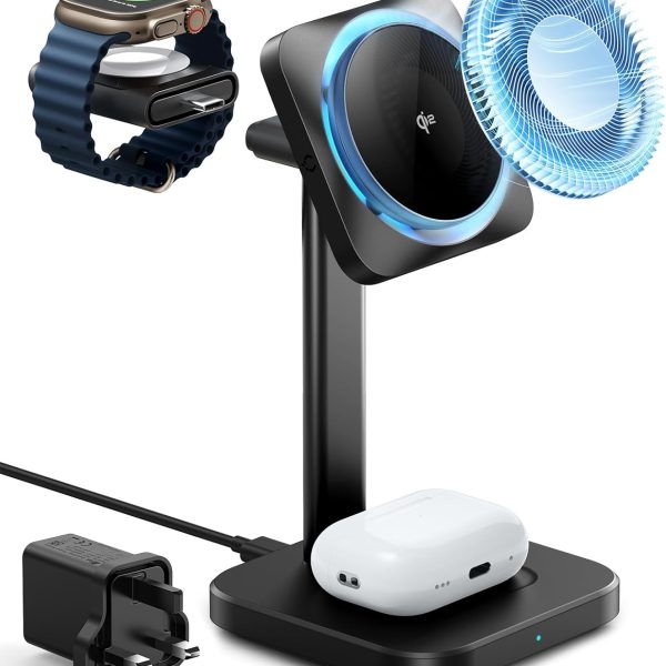 ESR شاحن كيو اي 2 3 في 1 ماج سيف مع كريو بوست، [معتمد] شاحن ساعة ابل، قاعدة شحن لاسلكية لتبريد الهاتف، ايفون 17/16/15/14/13/12 سلسلة ايربودز وساعة ابل، اسود