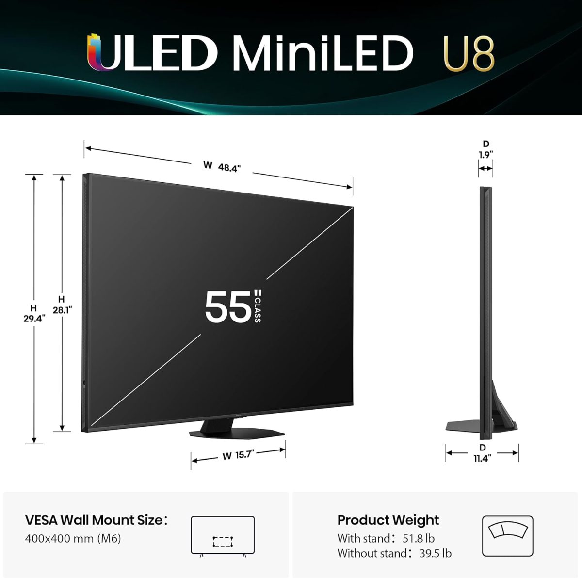 ⁦هايسينس تلفزيون ذكي 55 بوصة فئة U8 صغير LED ULED 4K UHD جوجل (55U8QG، موديل 2025) - QLED، اصلي 165Hz، VRR 288، حتى LD5600، 5000 وحدة مضيئة في البكسل، HDR10+، دولبي فيجن اي كيو اتموس، اي ماكس محسن، صوت⁩ - الصورة ⁦4⁩