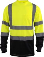ال اند ام تي شيرت Hi Vis Class 3 عاكس للضوء السلامة باللون البرتقالي الليموني قصير الأكمام عالي الوضوح، الجزء السفلي أسود