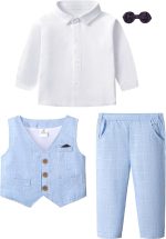 ⁦طقم بدلة جنتلمان للاولاد البيبي قميص باكمام طويلة مع ربطة عنق + صدرية + سروال، المقاس: 1-4 سنوات⁩ - الصورة ⁦4⁩