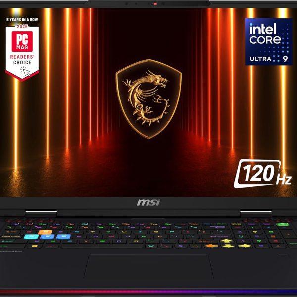 MSI لابتوب رايدر 18 HX AI 18 انش 120Hz UHD+ للالعاب، انتل كور U9-285HX، انفيديا جيفورس RTX 5080، 64GB DDR5، 4TB NVMe SSD، ثاندربولت 5، واي فاي 7، ويندوز 11 هوم، اسود A2XWIG-014US