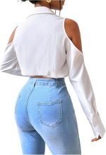 ⁦قمصان نسائية قصيرة بأكمام طويلة مكشوفة الكتفين من جورجليتر، قمصان أنيقة بياقة وازرار⁩ - الصورة ⁦2⁩