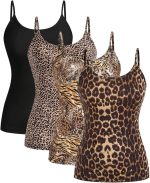 طقم بلوزة بحمالات رفيعة وقبة مفتوحة وقصة ضيقة بطبعة جلد الفهد للنساء من جورجليتر، 4 قطع