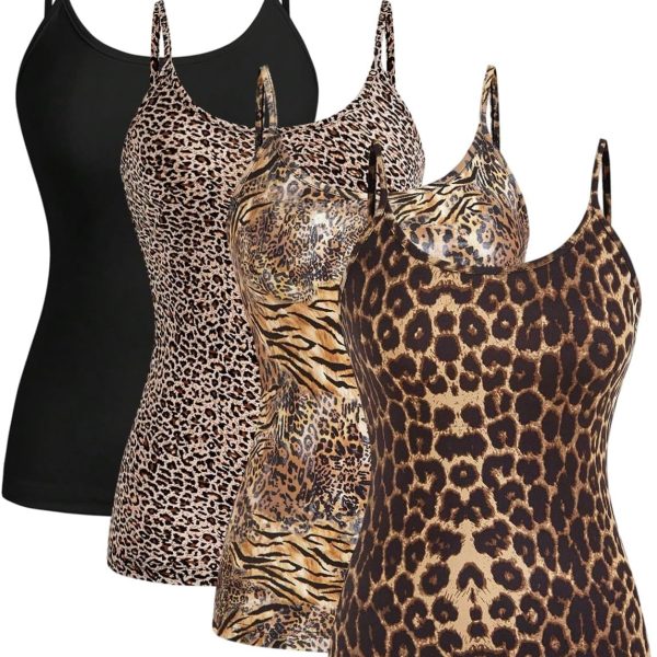 طقم بلوزة بحمالات رفيعة وقبة مفتوحة وقصة ضيقة بطبعة جلد الفهد للنساء من جورجليتر، 4 قطع