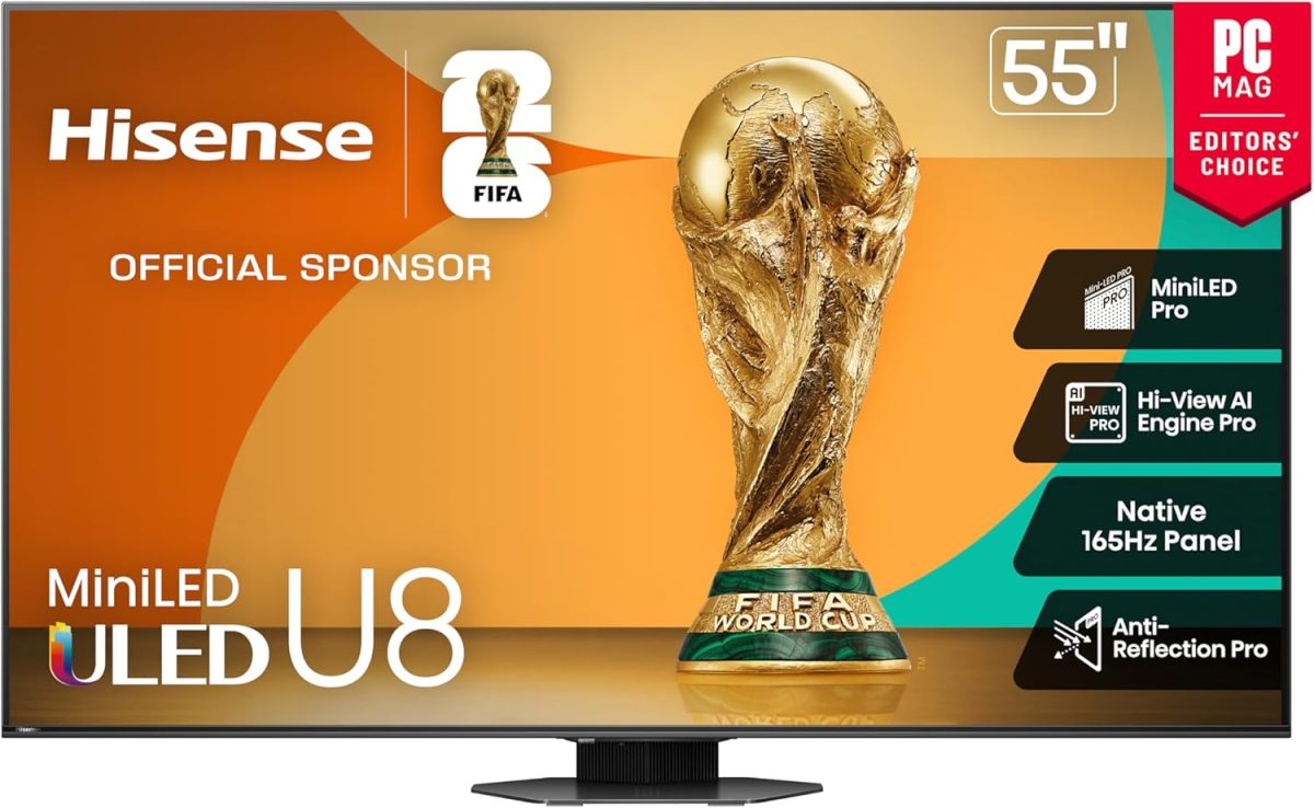 هايسينس تلفزيون ذكي 55 بوصة فئة U8 صغير LED ULED 4K UHD جوجل (55U8QG، موديل 2025) - QLED، اصلي 165Hz، VRR 288، حتى LD5600، 5000 وحدة مضيئة في البكسل، HDR10+، دولبي فيجن اي كيو اتموس، اي ماكس محسن، صوت