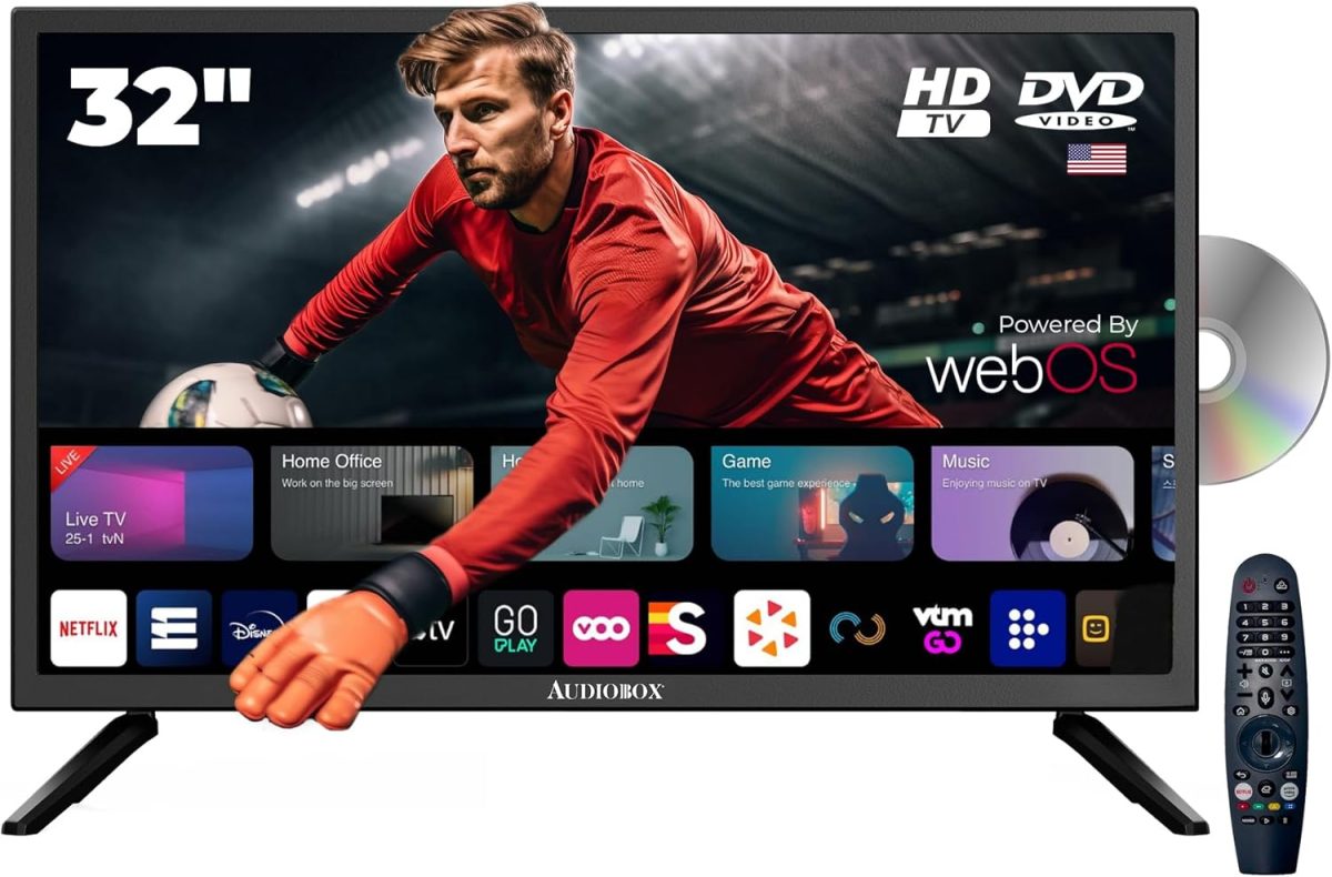 اوديو بوكس تلفزيون ذكي 32 بوصة مع مشغل دي في دي مدمج، جهاز تحكم عن بعد بلوتوث، LED HD، متوافق مع تيار متردد/تيار مستمر 12 فولت - مثالي لسيارات ار في والافلام والالعاب والسفر والترفيه المنزلي، منافذ