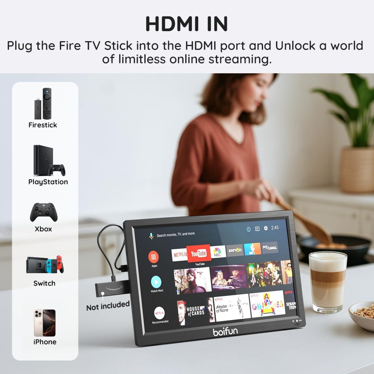 ⁦بويفون تلفزيون محمول 15.6 انش مع هوائي، مشغل دي في دي مدمج، بطارية 5000mAh، يدعم مدخل HDMI/USB/TF/AV وتنسيقات اقراص متعددة، مجموعة دي في دي صغيرة للتخييم والفناء والمطبخ ار في، اسود⁩ - الصورة ⁦5⁩