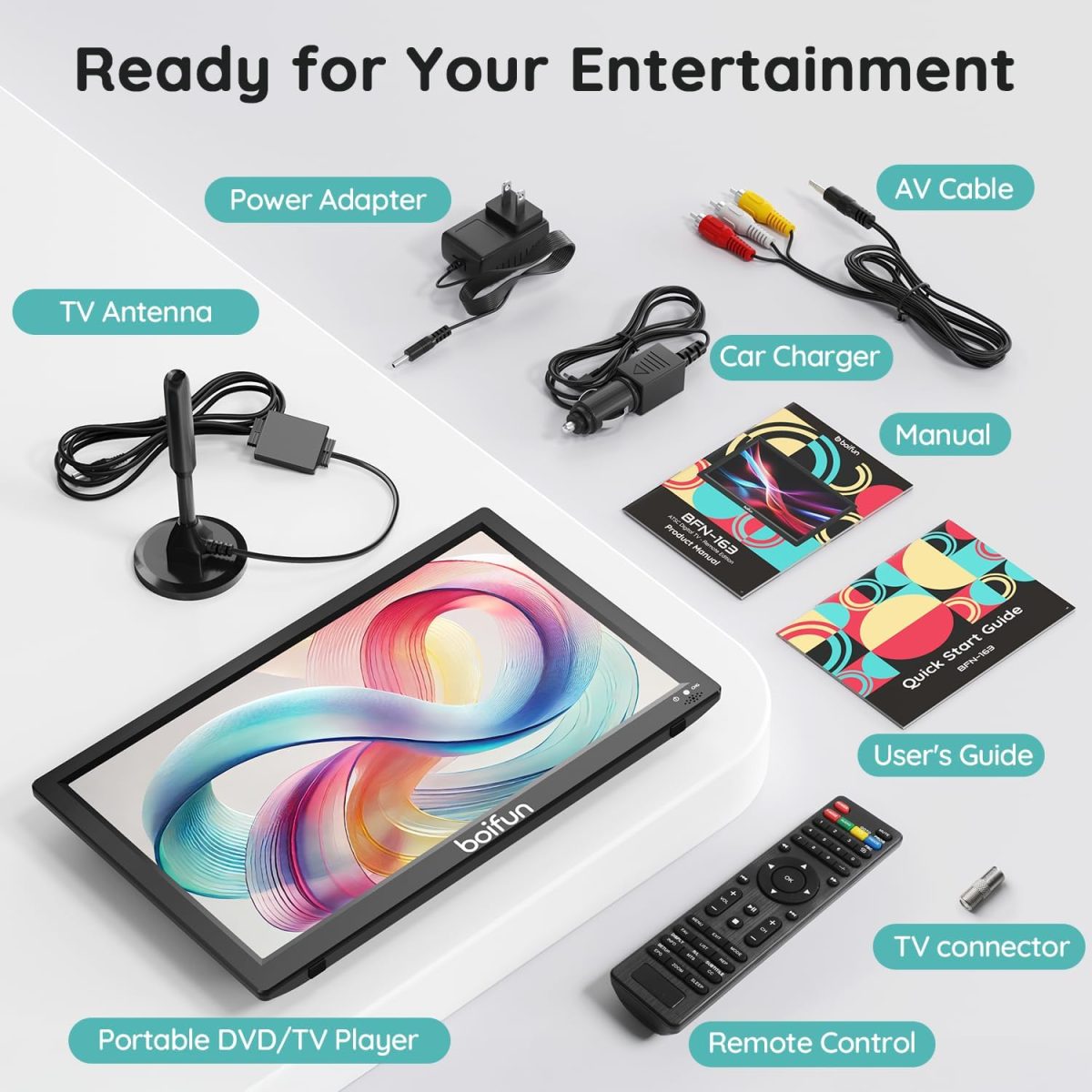 ⁦بويفون تلفزيون محمول 15.6 انش مع هوائي، مشغل دي في دي مدمج، بطارية 5000mAh، يدعم مدخل HDMI/USB/TF/AV وتنسيقات اقراص متعددة، مجموعة دي في دي صغيرة للتخييم والفناء والمطبخ ار في، اسود⁩ - الصورة ⁦9⁩