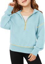 سويت شيرت بغطاء للراس بنصف سحاب واكمام طويلة واكمام طويلة وكتف منسدل، بلوفر بقلنسوة للبنات بعمر 5-14 سنة