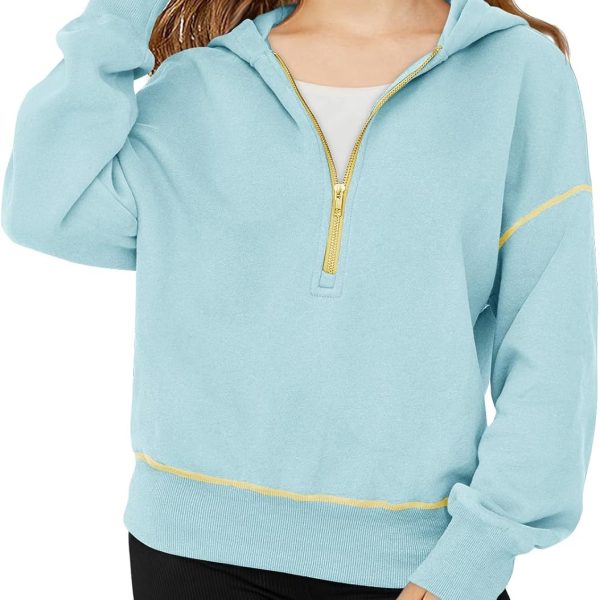 سويت شيرت بغطاء للراس بنصف سحاب واكمام طويلة واكمام طويلة وكتف منسدل، بلوفر بقلنسوة للبنات بعمر 5-14 سنة