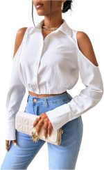 قمصان نسائية قصيرة بأكمام طويلة مكشوفة الكتفين من جورجليتر، قمصان أنيقة بياقة وازرار