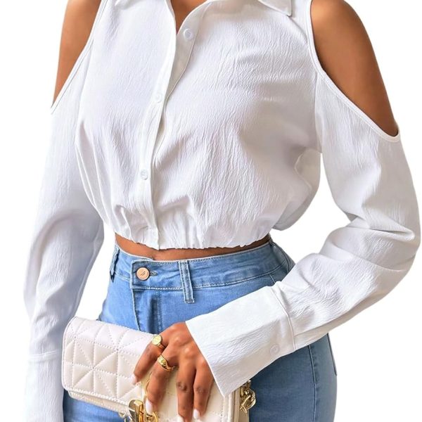 قمصان نسائية قصيرة بأكمام طويلة مكشوفة الكتفين من جورجليتر، قمصان أنيقة بياقة وازرار