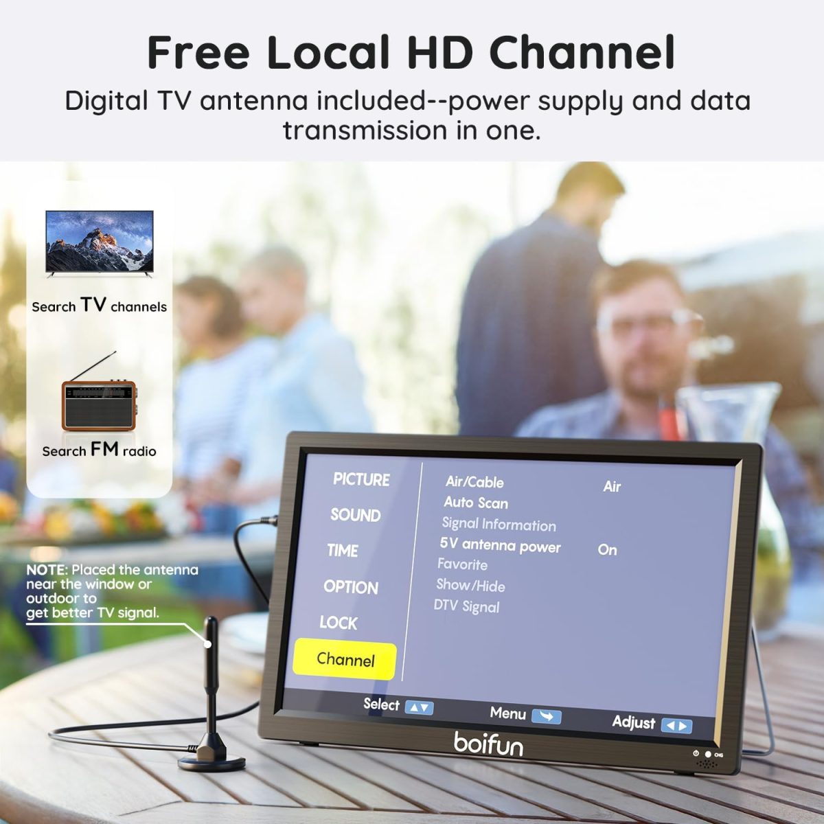 ⁦بويفون تلفزيون محمول 15.6 انش مع هوائي، مشغل دي في دي مدمج، بطارية 5000mAh، يدعم مدخل HDMI/USB/TF/AV وتنسيقات اقراص متعددة، مجموعة دي في دي صغيرة للتخييم والفناء والمطبخ ار في، اسود⁩ - الصورة ⁦3⁩