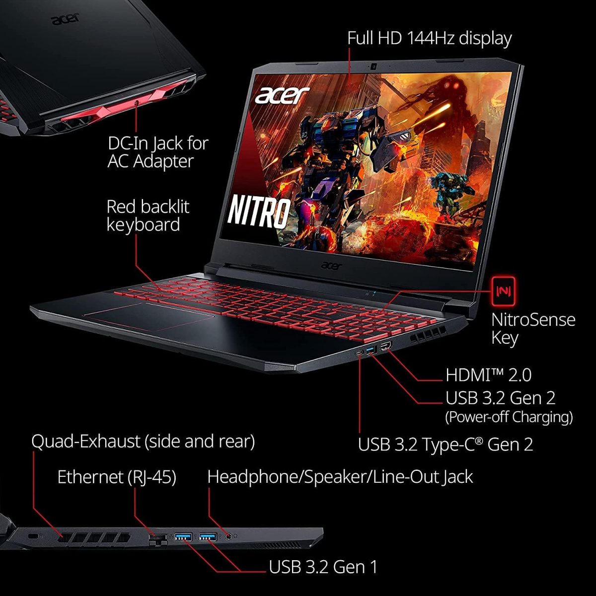 ⁦ايسر لابتوب العاب نيترو 5 AN515 | انتل كور i5-10300H حتى 4.5GHz | انفيديا جيفورس RTX 3050 GPU | 15.6 انش FHD 144Hz IPS | 8GB DDR4 | 256GB NVMe SSD | انتل واي فاي 6 | كيبورد باضاءة خلفية | قماش TWE⁩ - الصورة ⁦5⁩