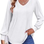 Teesho Women's Long-Sleeved Shirt, Elegant V-Neck Blouses, Cotton Tops, Autumn Shirts, Loose Long Tops, Tunic