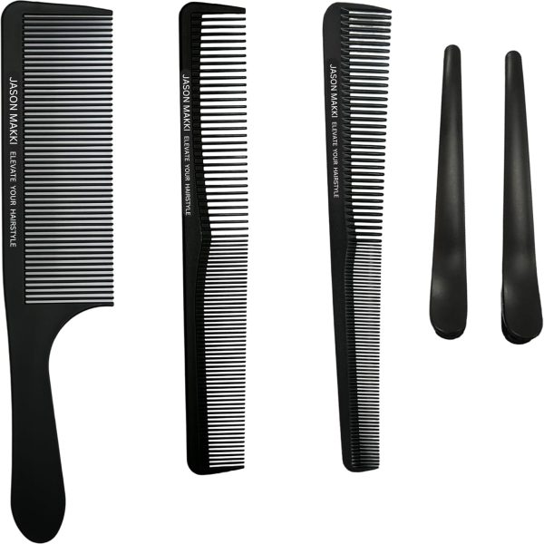 مجموعة امشاط حلاقة ماكي برو مكونة من 5 قطع من جاسون - مقاومة للحرارة حتى 240 درجة مئوية للكيراتين وكي الشعر - امشاط قص الكربون + مشابك تقسيم - ادوات تصفيف متينة مضادة للكهرباء الساكنة (اسود)