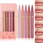 مجموعة اقلام تحديد شفاه سائلة مقاومة للماء مكونة من 6 قطع، طرف دقيق للاستخدام السلس، ظلال غير لامعة بلون نود وبني غير لامع، يدوم طويلا، لا يتلاشى، يحدد ويشكل الشفاه، لون جريء، للاستخدام اليومي
