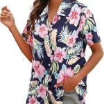 قمصان هاواي صيفية ناعمة ورائعة بطبعة زهور استوائية باكمام قصيرة وازرار علوية للنساء
