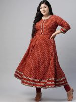 ⁦كورتا اناركالي من القطن بطبعة زهور للنساء, كستنائي⁩ - الصورة ⁦5⁩