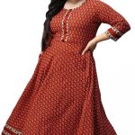 كورتا اناركالي من القطن بطبعة زهور للنساء, كستنائي